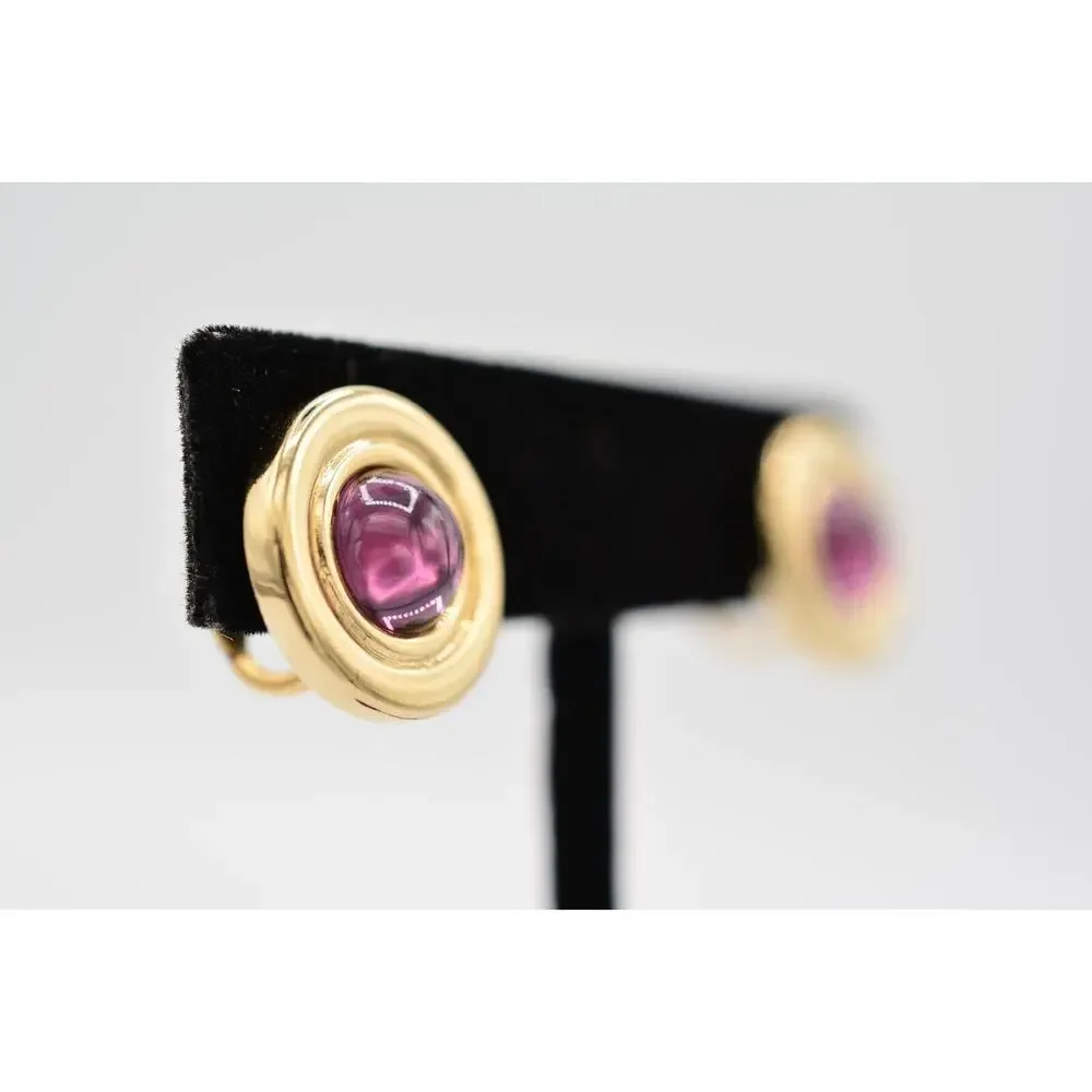 Vintage Cabochon Clip On Earrings Purple Round Gold Tone Jewelry Huggie 1980s 9L